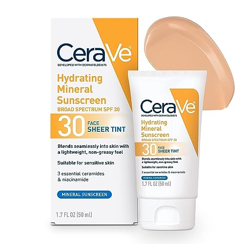 CeraVe Tinted Sunscreen with SPF  Hydrating Mineral Sunscreen With Zinc Oxide & Titanium Dioxide  Sheer Tint for Healthy Glow  Fluid Ounce