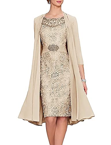 Champagne Mother of The Bride Dresses for Wedding Tea Length Pieces Beaded Appliques Wedding Guest Dress with Sleeves,w