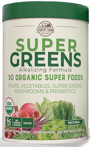 Country Farms Super Greens Powder Natural Flavor, Organic Super Foods, USDA Organic Drink Mix, Fruits, Vegetables, Super Greens, Mushrooms & Probiotics, Supports Energy, Servings, Oz