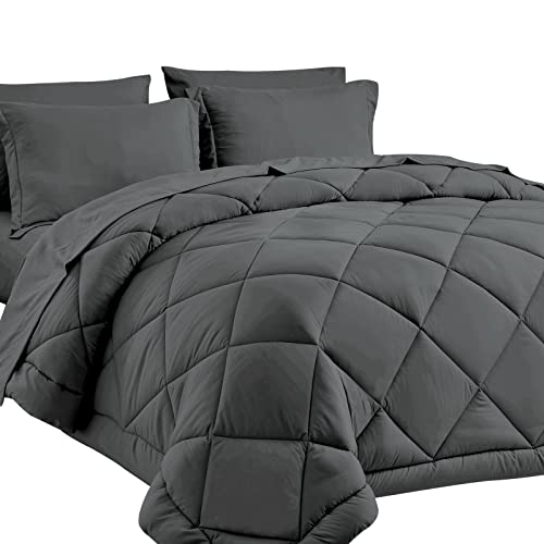 CozyLux Queen Bed in a Bag Pieces Comforter Sets with Comforter and Sheets Dark Grey All Season Bedding Sets with Comforter, Pillow Shams, Flat Sheet, Fitted Sheet and Pillowcases