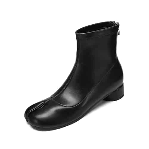 Cuctos Split Toe Ankle Boots for Women Tabi Boots Japanese Ninja Shoes Low Chunky Heels Booties,Black Stretch Artificial Leather Boots Back Zipper