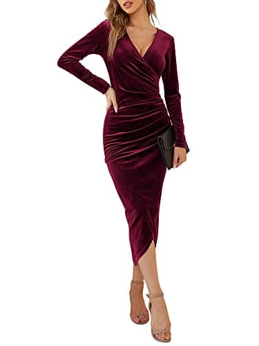 DIRASS Women's Cocktail Dresses Winter Dress Ruched Bodycon Velvet Long Burgundy Bridesmaid Dress to Hide Tummy New Years Eve M,Wine Red