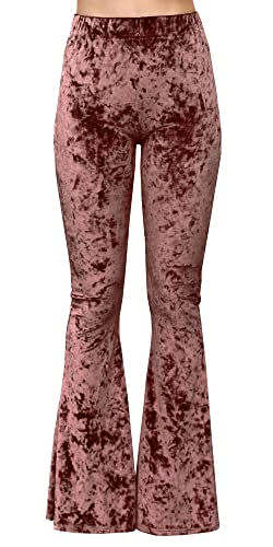 Daisy Del Sol Crushed Velvet High Waisted Comfy Soft Stretch s Yoga Loungewear Bell Bottom Flare Pants (Small, Rusty Rose)