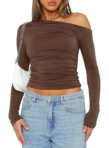 Darong Women's Casual Basic Going Out Crop Tops Slim Fit Long Sleeve Off Shoulder Tight T Shirts Coffee Medium