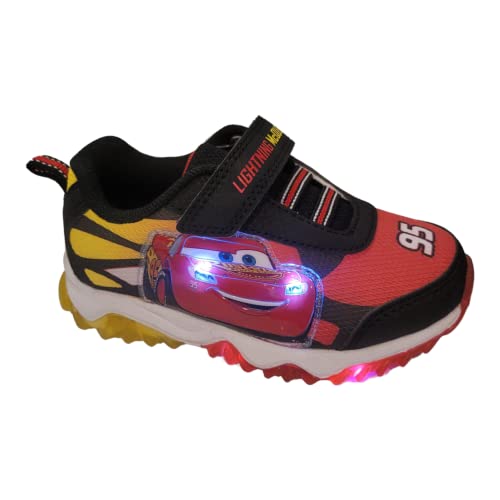 Disney Cars Boy's Lighted Athletic Sneaker Lightning McQueen Light Up Shoes Children WAdjustable Strap (Toddler), BlackRed,