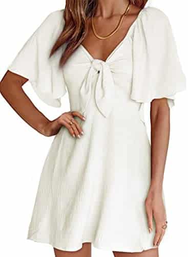Dokotoo Summer Dresses for Women Casual Wedding Guest Spring Sexy V Neck Drawstring Cap Sleeve Elegant Short Beach Dresses Mini Dress White