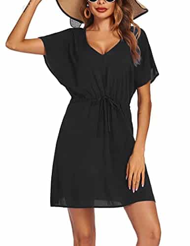 Ekouaer Womens Apparel, Short Sleeve Beachwear Coverups, Loose V Neck Bikini Beach Tunic Top, Black, X Large