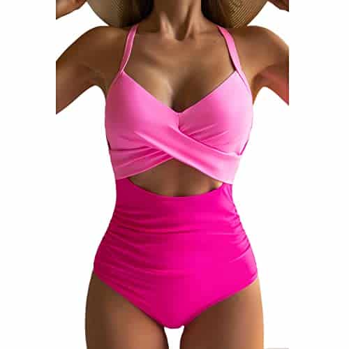 Eomenie Women's One Piece Swimsuits Tummy Control Cutout High Waisted Bathing Suit Wrap Tie Back Piece Swimsuit Pink Color Block
