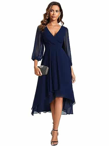 Ever Pretty Women's Casual A Line V Neck Long Sleeves Chiffon Wedding Guest Dresses Navy Blue