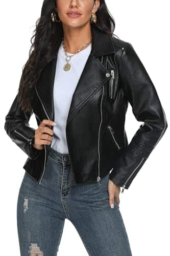 Fahsyee Women's Leather Jackets, Faux Motorcycle Plus Size Bomber Moto Biker Coat Short Lightweight Vegan Pleather Fashion, Black, L