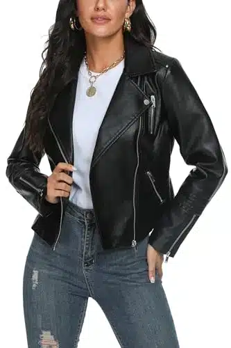 Fahsyee Women's Leather Jackets, Faux Motorcycle Plus Size Moto Biker Coat Short Lightweight Vegan Pleather Fashion, Black, S