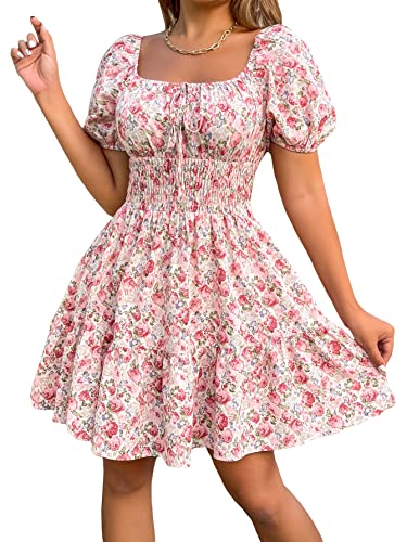 Floerns Women's Boho Square Neck Puff Short Sleeve Self Tie Front A Line Dress A Pink S