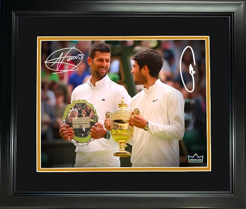 Framed Carlos Alcaraz & Novak Djokovic Dual Facsimile Laser Engraved Signature Auto xTennis Photo HOFSM Holo
