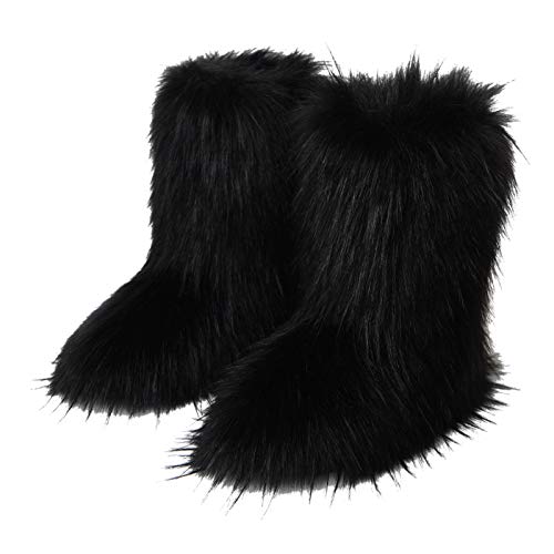 Gegefur Women's Faux fur Boot Furry Fluffy Short Snow Boot Mid Calf Boots Warm Comfortable Outdoor Flat Shoes (black, numeric_)