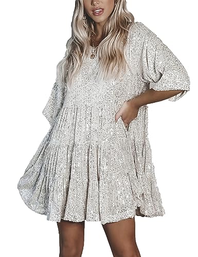 HYLLGUD Women Sequin Dress Sparkly Giltter Round Neck Short Sleeve A Line Loose Swing Tunic Dress Disco Party Concert Night Clubwear(Silver Large )
