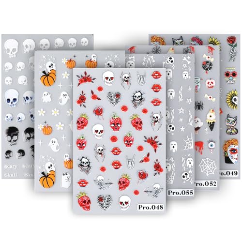 Halloween Nail Art Stickers D Self Adhesive DIY Nail Decals Supplies Design for Halloween Party Decorations, SkullGhostPumpkinBatSpider WebSkeletonCat (Sheets)