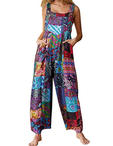 Himosyber Women's Patchwork Dual Pocket Jumpsuit Loose Floral Print Bohemian Wide Leg Bib Overall (#Blue, L)