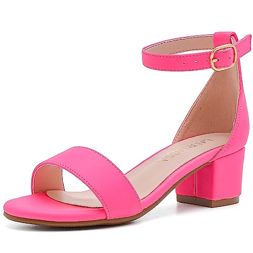 LAURMOSA Hot Pink Dress Shoes for Girls High Heels Sandals Flower Girl Shoes for Wedding Wide Heels for Little Big Kids Strappy Chunky Heels for Event Holiday Party(LFuchsia )
