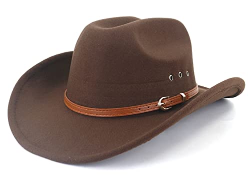 LIDHAY Cowboy Hat for Women and Men Felt Wide Brim Classic Outdoor Fedora Hats Western Cowboy Cowgirl Hats with Belt Buckle Coffee