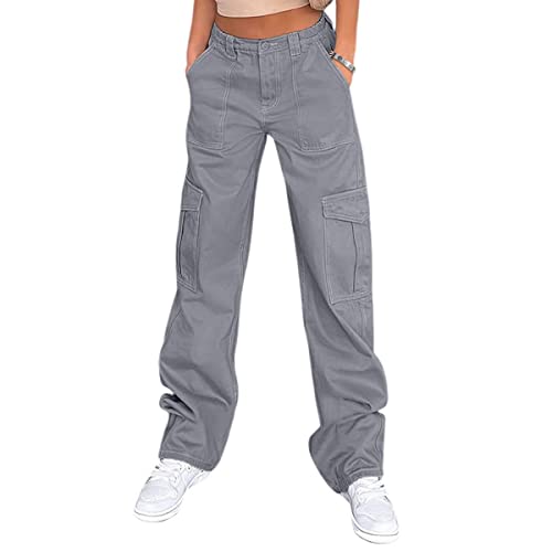Lepunuo Cargo Pants for Women High Waisted Casual Pants Baggy Stretchy Wide Leg YK Streetwear with Pockets Blue Grey