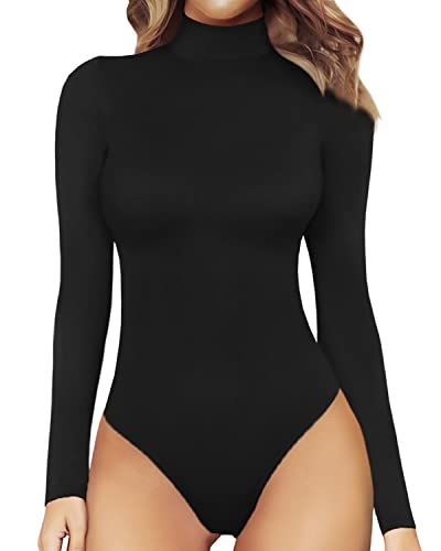 MANGOPOP Women's Mock Turtle Neck Long Sleeve Tops Bodysuit Jumpsuit (A Long Sleeve Black, X Large)
