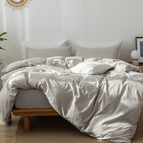 MooMee Bedding Duvet Cover Set % Washed Cotton Linen Like Textured Breathable Durable Soft Comfy (New Natural Linen, Queen)