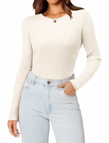 ONLYSHE Women's Long Sleeve Shirts Crewneck Ribbed Henley Slim Fitted Tee Casual Basic Tshirts Top Blouses Trendy YK Outfits Off White L