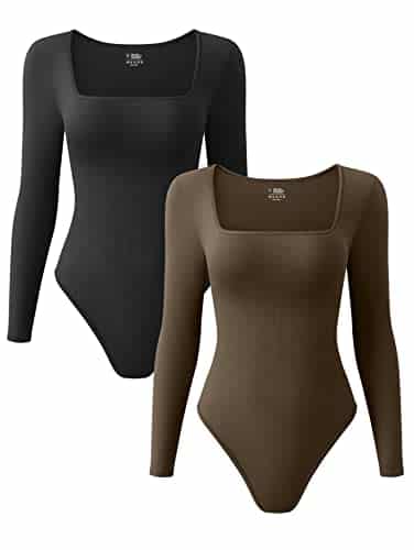 OQQ Women's Piece Bodysuits Sexy Ribbed One Piece Square Neck Long Sleeve Bodysuits Black Coffee