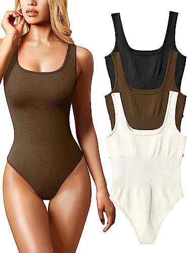 OQQ Women's Piece Bodysuits Sexy Ribbed Sleeveless Square Neck Sleeveless Tank Tops Bodysuits Black Coffee Beige