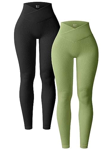 OQQ Women's Piece Yoga Leggings Ribbed Seamless Workout High Waist Cross Over Athletic Exercise Leggings Bkack Avocado Green