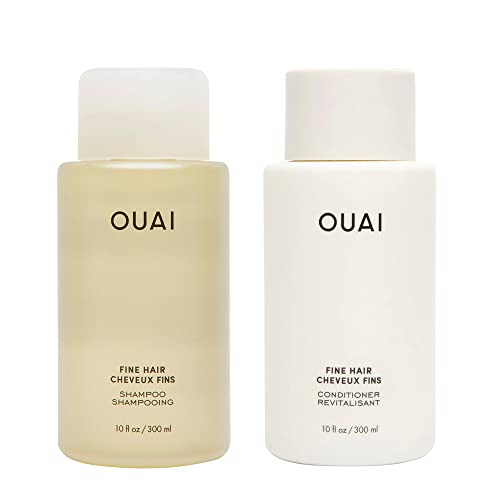OUAI Fine Shampoo + Conditioner Set   Bring Fine Hair to the Next Level with Keratin & Biotin   Delivers Clean, Bouncy & Voluminous Hair   Free of Parabens, Sulfates & Phthalates   fl oz Each