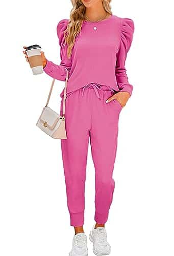 Onedreamer Jogging Suits for Women Piece Sweatsuit Set High Waist Jogger Outfits Drawstring Sweat Pant Suit (Barbie Pink,XL)