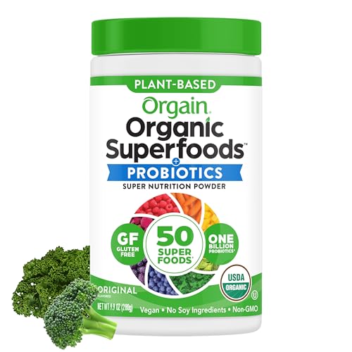 Orgain Organic Greens Powder + Superfoods, Original   Billion Probiotics for Gut Health, Antioxidants, Vegan, Plant Based, Gluten Free, Non GMO, Dairy Free Juice & Smoothie Mix   lb