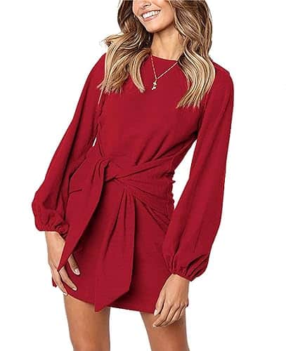 PRETTYGARDEN Womenâs Elegant Long Lantern Sleeve Short Dress Crewneck Tie Waist Knit Cocktail Dress Red