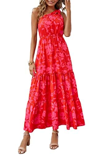 PRETTYGARDEN Women's Floral Maxi Dress Knot One Shoulder Sleeveless Ruffle Hem Flowy Boho Dresses (Red Floral,Medium)