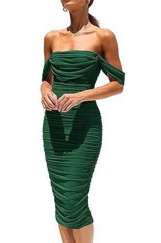 PRETTYGARDEN Women's Summer Off The Shoulder Ruched Bodycon Dresses Sleeveless Fitted Party Club Midi Dress (Dark Green,X Large)