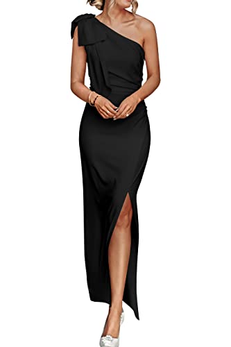 PRETTYGARDEN Women's Summer One Shoulder Long Formal Dresses Sleeveless Ruched Bodycon Wedding Guest Slit Maxi Dress (Black,Small)