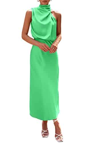 PRETTYGARDEN Women's Summer Satin Dress Elegant Sleeveless Mock Neck Cocktail Party Maxi Dresses (Grass Green,Large)