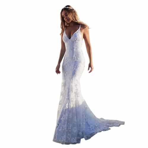 Pefantal Lace Applique Wedding Dresses for Bride Spaghetti Straps Mermaid V Neck Open Back Bodycon Long Bridal Gown (US, Numeric, , Regular, Regular, White)