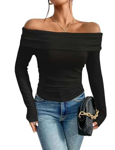 Prettywear Women's Sexy Off Shoulder Tops YK T Shirt Slim Fit Long Sleeves Spring Fall Blouse Going Out Nightout Shirt(Black,M)