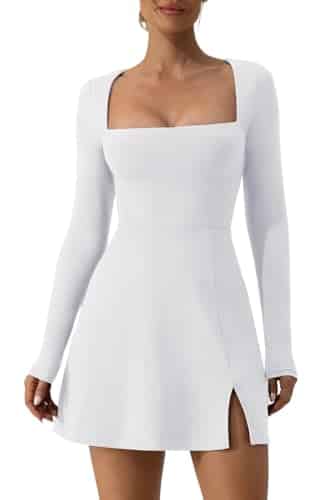 QINSEN White Dress for Womens Long Sleeve Square Neck Bodycon Mini Dress for Casual S