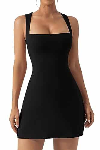 QINSEN Womens Square Neck Sexy Bodycon Dress Soft Stretch Above Knee Length Tennis Dress Black M