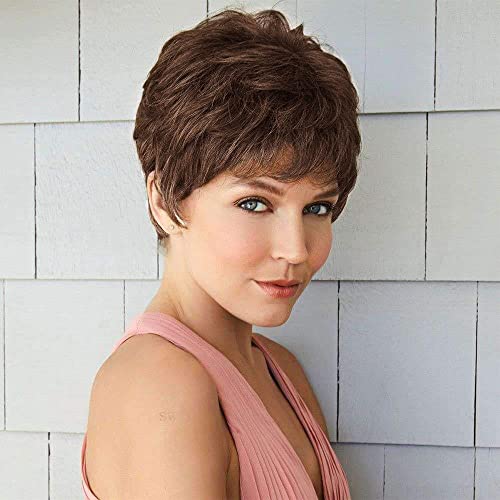 QUEENTAS Short Brown Pixie Wigs with Bangs Layered Cut Natural Curl Straight Synthetic Hair Wig for White Women (Chestnut Brown)