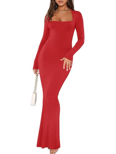 REORIA Fall Winter Long Dresses for Women Sexy Casual Square Neck Long Sleeve Ribbed Bodycon Soft Lounge Maxi Dress Red X Small