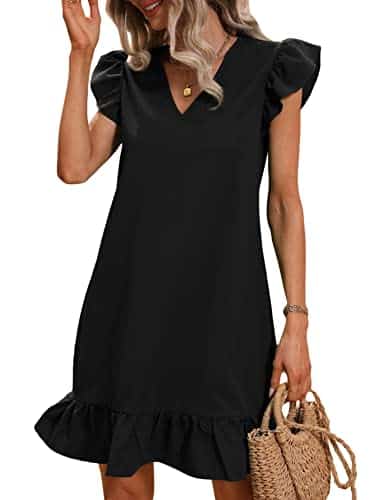 SOLY HUX Summer Dresses for Women V Neck Cap Sleeve Ruffle Hem Smock Short Dress Solid Black L
