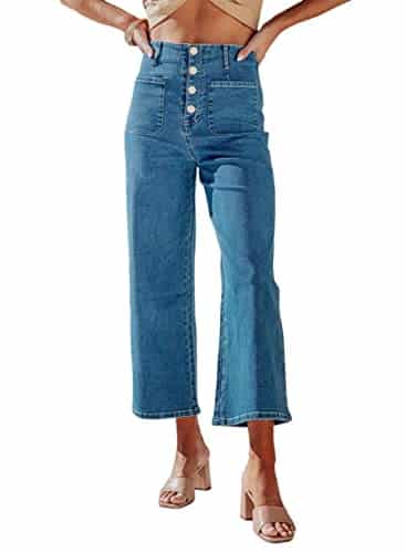 Sidefeel Women's Wide Leg Jeans High Waisted Stretchy Capri Pants Buttoned Loose Denim Pants with Pocket Blue