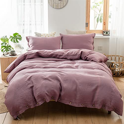 Simple&Opulence % Linen Duvet Cover Set pcs with Coconut Button Closure Natural French Washed Flax Solid Color Soft Breathable Farmhouse Bedding   Purple, Full Size