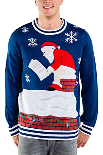 Tipsy Elves Men's Blue Santa Log on The Fire Ugly Christmas Sweater Size Large