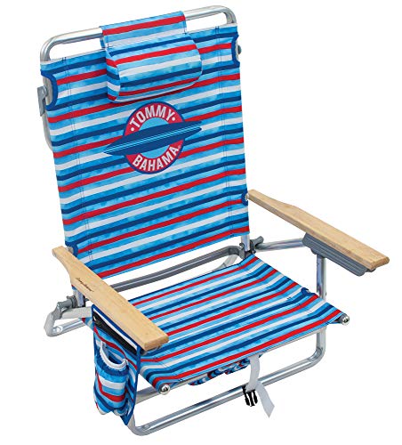 Tommy Bahama Position Classic Lay Flat Folding Backpack Beach Chair, Aluminum , Red, White, and Blue Stripe