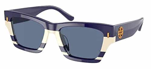 Tory Burch Women's TYU Universal Fit Rectangular Sunglasses, Navy Ivory Vintage Strip, mm